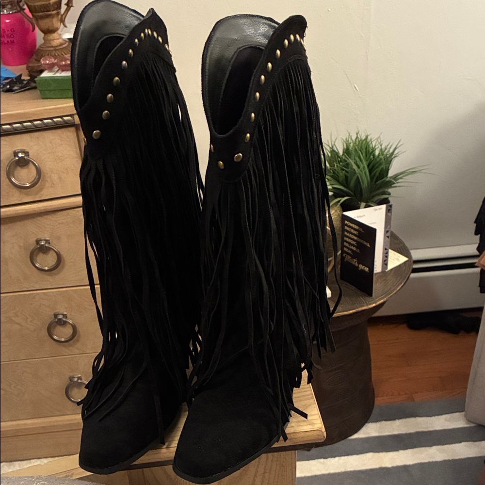 These Boots are Made for Walking!Black Fringe Studded Boots